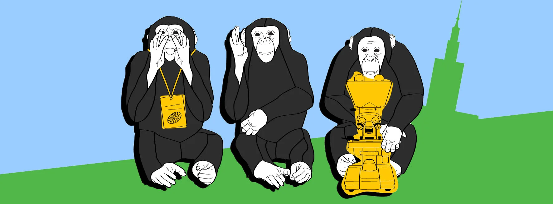 Three chimpanzees on green grass under a blue sky, with the Palace of Culture and Science in the background: one covers its eyes and wears a conference badge, one cups its ear, one holds a yellow microscope.